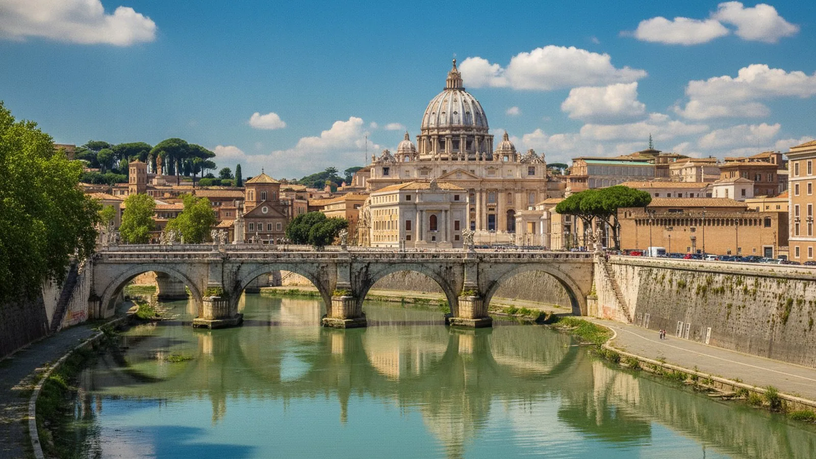 La cupola di San Pietro e il Tevere a Roma, visti da uno dei ponti del centro
